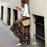 Purpdrank   Spring Summer Vacation Loose Long Skirt Elastic High Waist Hem Bohemian Women's Skirt Vintage Pattern Printed Pleated Half Skirt