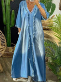 Purpdrank  Denim Raw Trim V Neck 3/4 Sleeve Maxi Dress Women Summer Loose Denim Big Swing Dresses Lady Casual Stitching Jeans Skirt