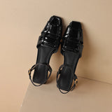 Purpdrank  New Summer Women Sandals Genuine Leather Women Shoes Square Toe Low Heel Shoes Narrow Band Cover Toe Modern Sandals