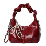 Purpdrank  Y2K Style Underarm Bags for Women Pleated Handle Design Ladies Pearl Bow Handbag Adjustable Strap Shoulder Crossbody Bag
