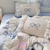 Purpdrank  Korean Princess Style Lace Ruffles Plaid Patchwork Bow Embroidery 100% Cotton Bedding Set Duvet Covers Bed Sheet Pillowcases