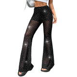 Purpdrank  Sequin Pants Women's High Waist Black Sequin Mesh Dot Print Bell Bottom Pants See-Through Party Pants