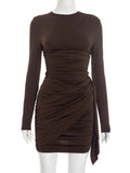 Purpdrank  Long Sleeve Ruched Mini Dress Women Fashion Brown O Neck Long Sleeve Slim Bodycon Dress for Daily Office Dating Outfits