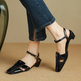 Purpdrank  New Summer Women Sandals Genuine Leather Women Shoes Square Toe Low Heel Shoes Narrow Band Cover Toe Modern Sandals