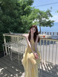 Purpdrank  Seaside Vacation Style Yellow Dyed Camisole Dress Women's Summer Temperament Sleeveless Loose Baggy Dress Medium Long Skirt