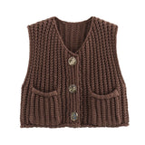 Purpdrank  Button Casual Retro Cropped Sweater Vest Women 2025 Summer Fall Fashion V-Neck Sleeveless Coarse Yarn Knitted Tops Female Jumper