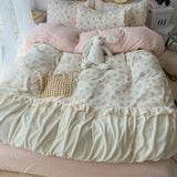 Purpdrank  3/4Pcs Vintage French Floral Lace Ruffles Winter Warm Milk Velvet Bedding Set Single Queen King Duvet Cover Bed Sheet Pillowcase