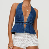 Purpdrank  Women's Y2K Summer Halter Neck Crop Tops Bow Tie-up Sleeveless Deep V-Neck Backless Solid Color Denim Flare Vest