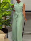 Purpdrank Spring Summer Sleeveless Wide Leg Jumpsuit Women Turn-down Neck Pocket Front Zipper Fly Street One Piece Suit Playsuits