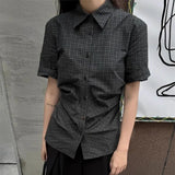 Purpdrank  Vintage Japan Fashion Popular All Match Plaid Blouse Punk American Pleated Y2k Aesthetic Shirts Streetwear Subcultural Clothes