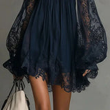 Purpdrank  Bohemian Solid Lace Trim Off Shoulder Party Dresses Woman Long Puff Sleeve Flowy Mini Dress Spring Summer Backless Holiday Dress