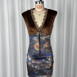 Purpdrank  Lace Patchwork Chic Mini Dress Spring Summer Deep V Neck  Sleeveless Fashion Sheath Dress Printing Sexy Ladies Dress