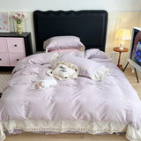 Purpdrank  Vintage Plaid Pure Cotton double-layer yarn four-piece set French lace Bedding Set Duvet Cover Pillowcases Flat/Fitted Bed Sheet