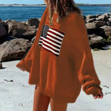 Purpdrank  Retro American Style Streetwear Star Flag Pattern Loose Fit Crewneck Pullover Knit Sweater Women's Top