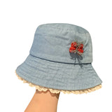 Purpdrank  Women Girls Denim Bucket Hats Spring Summer Wide Brim White Lace Trim Sun Protection Cap for Outdoor Beach Fashion Fisherman Hat