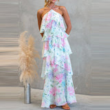 Purpdrank  Floral Print Off Shoulder Women's Beach Dress Summer Sweet Backless Party Dresses Stacked Ruffle Edge Design Holiday Long Dress