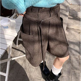 Purpdrank  Korean Plaid Print Woolen Shorts High Waist Wide Leg Shorts Women Office Casual Belted Half Pants Autumn Winter Trousers 529A