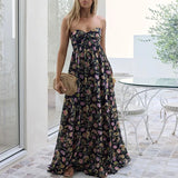 Purpdrank   Fashion Backless Hollow Out Summer Long Dress Female Casual High Waist Beach Dress Vintage Printed Pleated Bohemian Dress