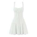 Purpdrank  French Chic Daisy Lace Mini Dress Women Strappy Backless Sleeveless Button Tie Lace Up Sexy Ladies Summer Party Vacation Dresses