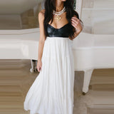 Purpdrank  Fashion Off Shoulder Hollow Guest Dress Leather Patchwork Pleated Evening Dress Sexy Lady V-neck Sleeveless Suspender Long Dress