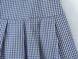 Purpdrank  Sexy Blue Plaid Lapel V neck Short Puff Sleeve Shirt Tank Top + Women Bow Zipper Waist A-line Pleated Mini Skirt 2 Pieces 1 Set