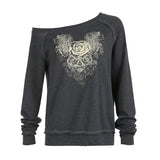 Purpdrank  Vintage Clothes Sweatshirts Rose Print Slanted Neck Off Shoulder Long Sleeved Top Women Casual Hoodie Harajuku Street