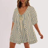 Purpdrank  Summer New Womens Fashionable Deep V-neck Tie Up Short Sleeved Striped Printed Jumpsuit Shorts Loose Casual Wide Leg Capris