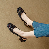Purpdrank  French square-toed woven high-heeled sandals, 2025 summer new skeletonized fashionable leather fabric mid-heel women's shoes