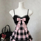 Purpdrank  Summer Japanese Kawaii Sweet Mini Dress Women Plaid Strapless Lace Trim Elegant Sexy Dress Female Korean Chic Popular Clothes