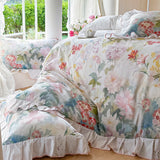 Purpdrank  100% Cotton Korean Princess Style Flowers Prints Lace Ruffles Bedding Set Duvet Cover 1.2M/1.5M/1.8M/2M Bed Skirt Pillowcases