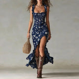 Purpdrank  Bohemian Vacation Beach Maxi Dress Woman New Spring Floral Print Strapless Party Dress Summer Ruffle High Split Sling Long Dress