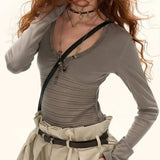 Purpdrank  Y2k Aesthetics Hollow Out Sexy Fairy T-shirt Autumn Harajuku Bodycon Button Tops Streetwear Knitted Patchwork Grunge Tees