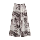 Purpdrank  Spring Summer CHIC Zipper Waist Tie dye Print Wide Leg Pants Women Front Ruched Long Loose Suit Trousers Full Length Bottom