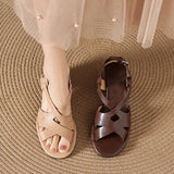 Purpdrank   Shoes Woman Summer Plus Size 34-42 Women's Cow Leather Narrow Band Cross Strap Hollow-out 6cm Thick Low Heel Casual Shoes