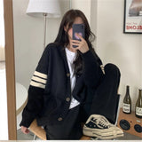 Purpdrank  Korean Style Black Cardigan Women Japanese Harajuku Fashion Knitted Autumn Sweater Preppy Striped Knitwear Oversized