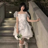 Purpdrank  Princess Style Floral Print Puffy Sleeve Short Dress Women's Summer Tea Break Waist Cinched Bubble Skirt City Walk Dress