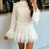 Purpdrank  Elegant Fashion Sexy Lace A-Line Dress Slim-Fitting O-Neck Long Sleeve Mini Dresses For Women Summer Fashion Streetwear