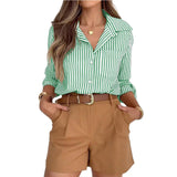 Purpdrank  Spring New Women's Long Sleeve Casual Button Pocket Commuter Striped Shirt