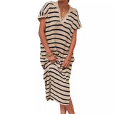 Purpdrank  Women Dress Long Dresses Knitted Turn Down Collar Short Sleeve Print Striped Casual Loose Elegant Splice Summer Vestidos