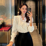 Purpdrank  Polka Dots Women's Blouse Spring Elegant Lace Patchwork Long Sleeve Single Breasted Korean Blouses Female