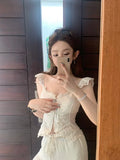 Purpdrank  White Spliced Mesh Lace Sexy Corset Women Summer Tank Tops Wood ears V neck Front Buttons Slim Through Buttons Crop Top