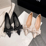 Purpdrank  Elegant Pointed Toe Bow Pumps Women Luxury Rhinestone Shallow Flat Shoes 35-43 Large Size Banquet Dress Shoes Sandalias De Mujer