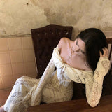 Purpdrank  French Style Off-Shoulder Dress for Women New Long Sleeve Lace Bodycon Dress