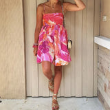 Purpdrank  Holiday Tie-dye Flower Print Slash Collar Ruched Chest Mini Sling Dress Sexy Low Back Backless Robe BOHO Summer Vestido