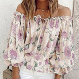 Purpdrank  Women Long Sleeve Off Shoulder Floral Print Summer Causal Lace Up Blouse Tops Shirts Female Blouses Sexy Casual Blouse For Women