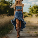 Purpdrank  Vintage Fashion Strapless Solid Denim Dress Women Elegant Ruffle Irregular Dress Summer Hollow Backless Robes Dresses