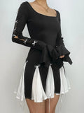 Purpdrank - Lace Up High Waist Dress For Women Folds Splice Bodycon Mini Dress Hot Girls Street Slim See Through Dresses Woman Autumn