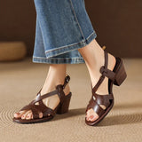 Purpdrank   Shoes Woman Summer Plus Size 34-42 Women's Cow Leather Narrow Band Cross Strap Hollow-out 6cm Thick Low Heel Casual Shoes