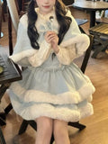 Purpdrank  Winter Japanese Sweet Lolita 2 Piece Set Women Lovely Bow Cloak Coat + Cute Fluffy Strap Dress New Harajuku Christmas Party Suit