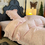 Purpdrank  French Floral Ruffles Princess Bedding Set Double Layer Yarn Pure Cotton Duvet Cover Set Pillowcases Flat/Fitted Bed Sheet 4Pcs